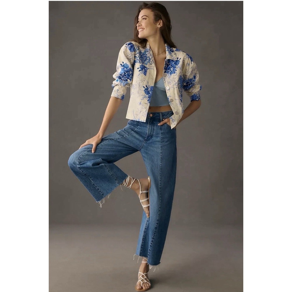 PORRIDGE Anthropologie Ria Printed Shirt Jacket Floral Blue Cream Preppy Size M